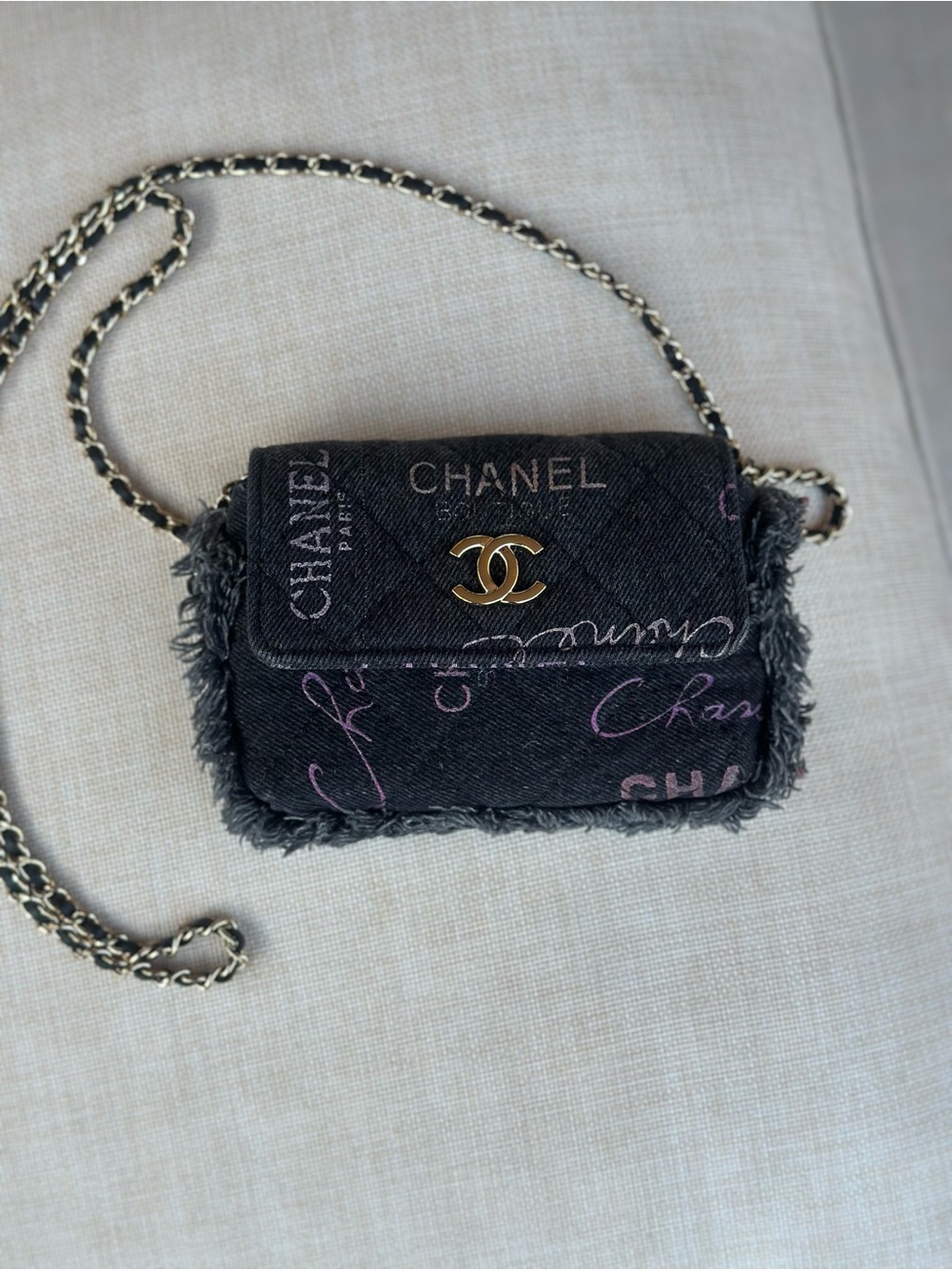 Auth CHANEL Mini Black Denim Fringe Printed Crossbody Bag Handbag a79 - Picture 8 of 16